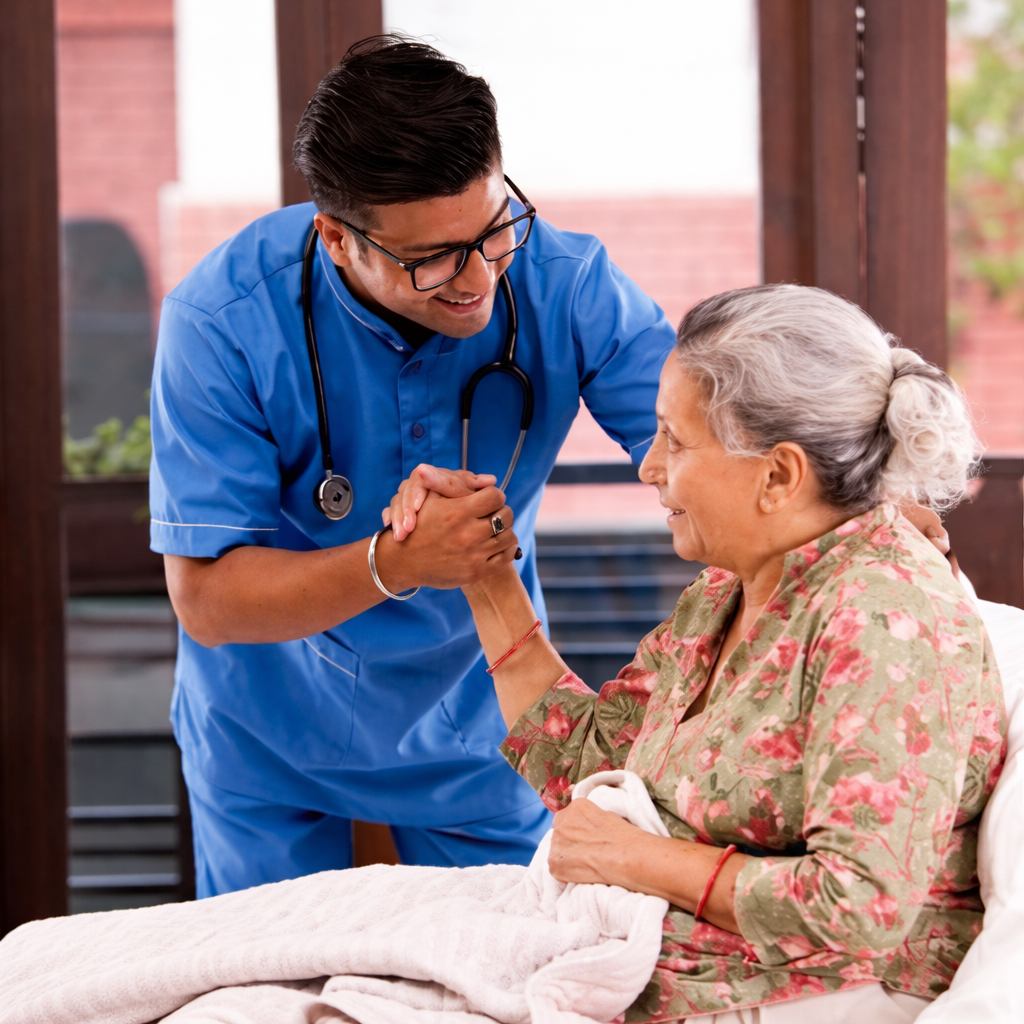 Profesional de salud brindando atención cercana a una adulta mayor en el hogar